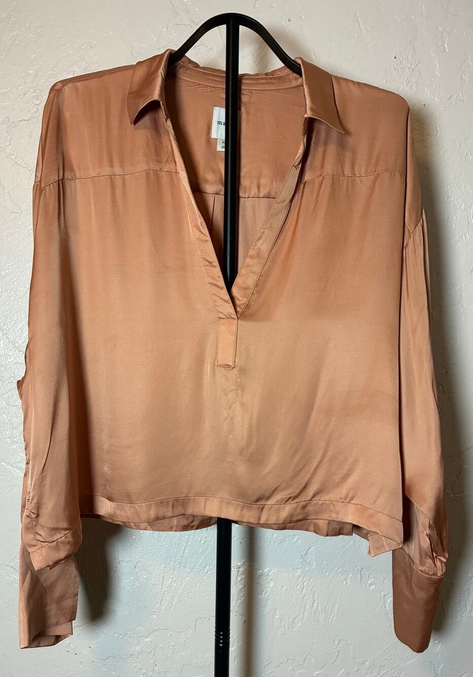 Maeve Anthropologie Silky Collared Popover Blouse Rose Gold Peach Satin XL